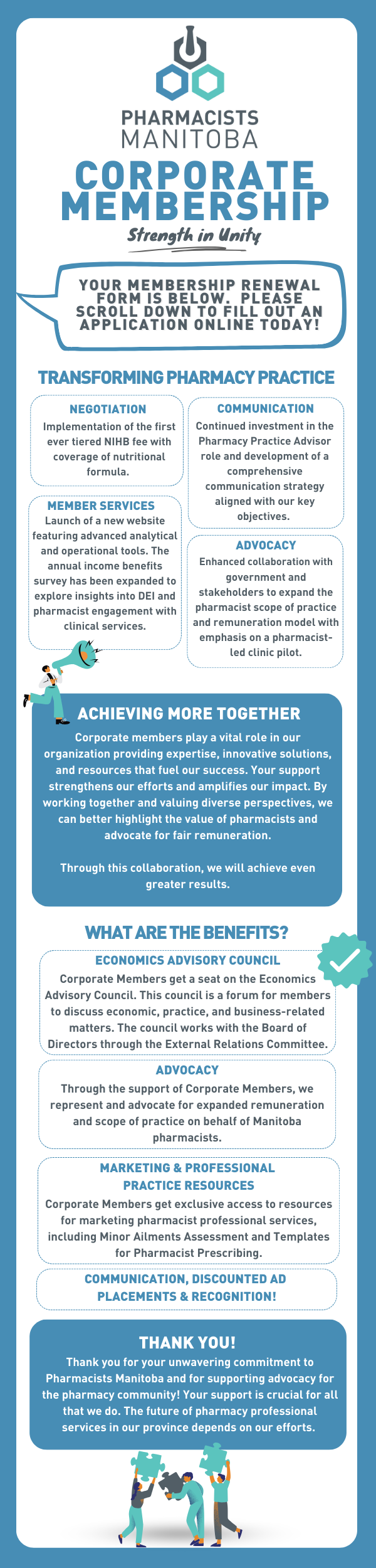 CORPORATE MEMBERSHIP THE ONLINE CORPORATE MEMBERSHIP/RENEWAL FORM IS BELOW, PLEASE SCROLL PAST INFOGRAPHIC TO FILL OUT APPLICATION ONLINE TODAY! WHAT WE'VE DONE TOGETHER! ECONOMICS ADVISORY COUNCIL Released a new Strategic Plan with updated objectives for 2023-2026. SURVEYED Released new Income and Benefits Survey Results, available to view by Corporate Members. ADVOCACY Negotiated an increase for flu shots. Pharmacies now compensated $8.00 plus a $5.00 administration fee ($13.00 per shot). ADVOCACY Negotiated an increase in NIHB dispensing fee to $15.22 from previous $14.86 cap. CURRENT INITIATIVES We are proceeding to request an expansion of the scope of practice with accompanying fee for service remuneration. Our request to the Government of Manitoba will include all outstanding priorities identified in our Strategic Plan. This will include pharmacists' ability to assess and prescribe for minor ailments, self-limiting conditions and chronic disease management, as well as an upgrade to administrative technologies, and a request to expand the role of pharmacy technicians to ensure our profession may sustain the transition to more clinical services within Manitoba pharmacies. WHAT YOU GET FROM US ECONOMICS ADVISORY COUNCIL Corporate Members receive a seat on the Economics Advisory Council, which provides a forum to foster positive discussion regarding economic, practice & business-related matters. The Council works with the Board of Directors via the External Relations Committee. ADVOCACY We represent the interests of Manitoba pharmacies, negotiate with third parties on fees and reimbursement issues and ensure your interests are represented to decision makers in government. Corporate Membership supports all aspects of Pharmacists Manitoba's advocacy including development of a long-term strategy with government for the delivery and remuneration for professional pharmacy services in the province. RECOGNITION We want to recognize our Corporate Members and ensure your contribution to the organization is known and valued. We offer Corporate Members placement of your logo on the Pharmacists Manitoba website with the option to link directly to your website. COMMUNICATION Corporate Members receive a complimentary subscription to Communication, our quarterly electronic newsletter, keeping you up to date on all Pharmacists Manitoba activities as well as our member email The Weekly Script, informing members of upcoming events, education sessions and resources. DISCOUNTED AD PLACEMENT Corporate Members receive a $200 discount on advertisements placed in Career Communication, our online member email promoting job postings. MARKETING & PROFESSIONAL PRACTICE RESOURCES Corporate Members have access to resources designed specifically to assist with marketing pharmacist professional services including the Minor Ailments Assessment and Prescribing Fillable Templates. THANK YOU FOR YOUR CONTINUED SUPPORT! NONE OF THIS IS POSSIBLE WITHOUT YOUR SUPPORT. YOUR CORPORATE MEMBERSHIP SUPPORTS OUR ABILITY TO ENSURE THE VOICE OF PHARMACY IS HEARD AND GOVERNMENT UNDERSTANDS THE VALUE THAT PHARMACIES AND PHARMACISTS CAN BRING TO HEALTHCARE TO ALLEVIATE THE STRAIN THE CURRENT SYSTEM IS UNDER.