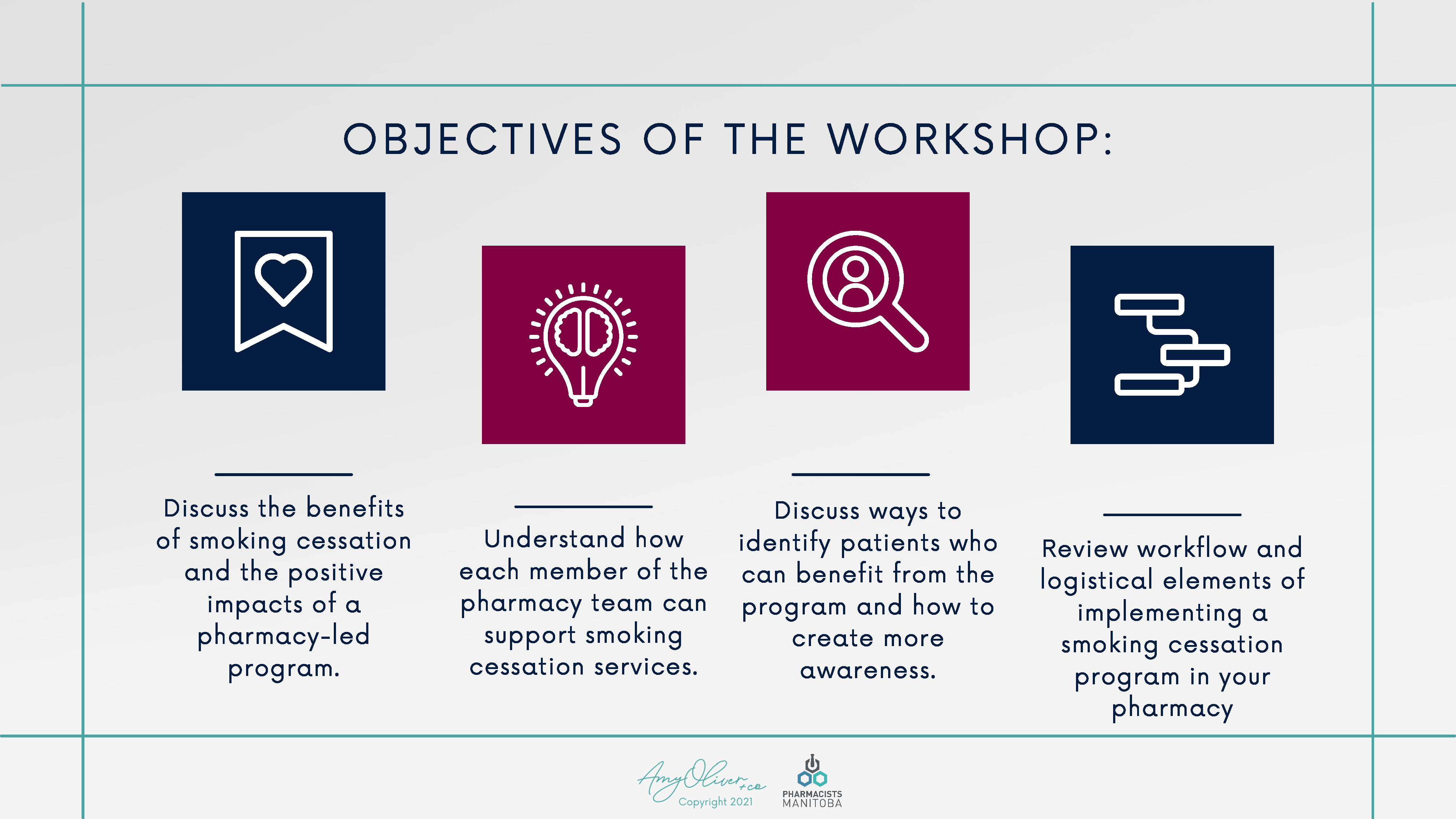 OBJECTIVES OF THE WORKSHOP: wh Discuss the benefits of smoking cessation and the positive impacts of a pharmacy-led program. Understand how each member of the pharmacy team can support smoking cessation services. Discuss ways to identify patients who can benefit from the program and how to create more awareness. Review workflow and logistical elements of implementing a smoking cessation program in your pharmacy Any Olivica Copyright 2021 PHARMACISTS MANITOBA