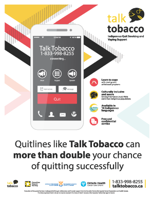 Talk Tobacco 1-833-998-8255 connecting talk tobacco Indeling and Vaping Support Quit  Culturally inclu Quitlines like Talk Tobacco can more than double your chance of quitting successfully talk tobacco Ontario Health 1-833-998-8255 talktobacco.ca